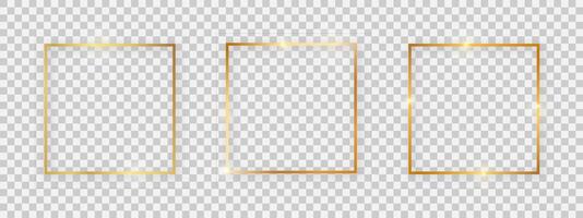 Square shiny frames with glowing effects. Set of three gold square frames with shadows on background. Vector illustration