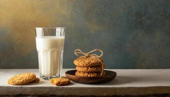 AI generated Glass of milk and cookies on table photo