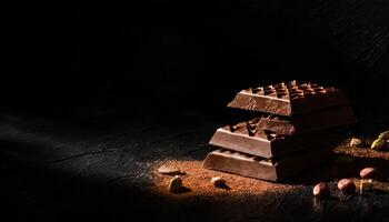 AI generated Stack of chocolate bars on a dark background photo