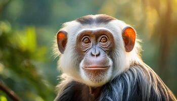 ai generado chimpancé en naturaleza con borroso antecedentes foto