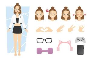 Flat character design vector of young woman or girl wearing jacket and mini skirt with alternate various face expression angry, sad and love with finger hand pose and many accessories