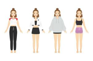 Flat character design vector of young woman or girl wearing various outfit clothing oversize hoodie, jacket, shirt and mini skirt. Moveable character concept free editable isolated