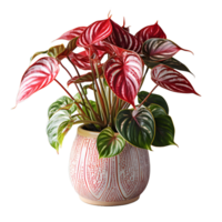 AI generated Exotic Red and Green Caladium Plant in Pot Isolated on Transparent Bacground. Caladium Leaves. Generative Ai png