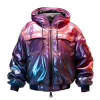 ai généré coloré holographique chrome veste. iridescent métallique sweat à capuche isolé sur transparent Contexte. génératif ai png