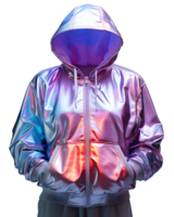 ai generado vistoso holográfico cromo sudadera. psicodélico iridiscente metálico chaqueta aislado en transparente antecedentes. generativo ai png