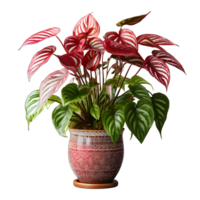 ai généré exotique rouge et vert caladium plante dans pot isolé sur transparent antécédent. caladium feuilles. génératif ai png