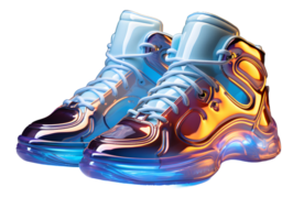 ai generiert futuristisch und bunt holographisch Schuhe mit glühen Wirkung. cool Schuhwerk isoliert auf transparent Hintergrund. generativ ai png