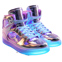 ai generiert futuristisch und bunt holographisch Schuhe mit glühen Wirkung. cool Schuhwerk isoliert auf transparent Hintergrund. generativ ai png