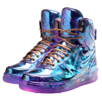 ai généré futuriste et coloré holographique des chaussures avec lueur effet. cool chaussure isolé sur transparent Contexte. génératif ai png