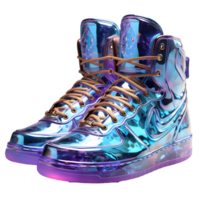 ai generiert futuristisch und bunt holographisch Schuhe mit glühen Wirkung. cool Schuhwerk isoliert auf transparent Hintergrund. generativ ai png