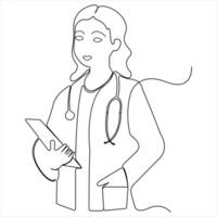 continuo soltero línea dibujo de joven hembra médico con estetoscopio vector ilustración