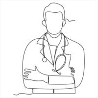 continuo soltero línea dibujo de joven masculino médico con estetoscopio vector ilustración