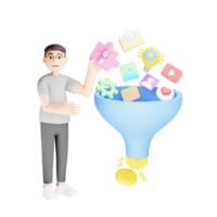 3d personaggio illustrazione di marketing imbuto strategia png