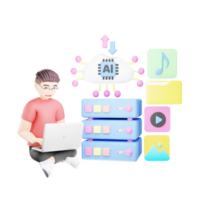 hombre descargando y subiendo datos en ai nube - 3d personaje ilustración png