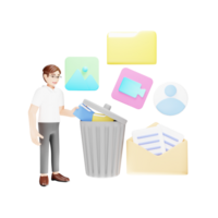 3D Illustration of Character Moving Documents to Bin png