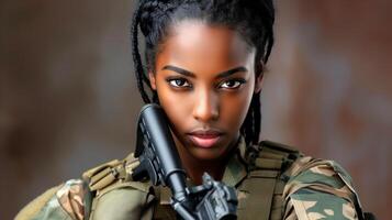 AI generated Armed and Dangerous, Special Forces Black Woman Soldier Holding a Gun, Generative AI photo