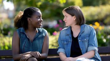 AI generated Girl Talk on a Park Bench, Two Diverse Women Catch Up, Unwind and Chat on a Park Bench, Generative AI photo