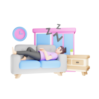 3d Charakter Illustration von Mann Schlafen auf Sofa png