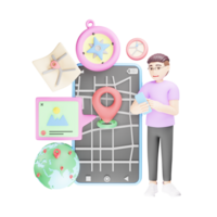 3d personnage illustration navigation en ligne pour découverte emplacement png