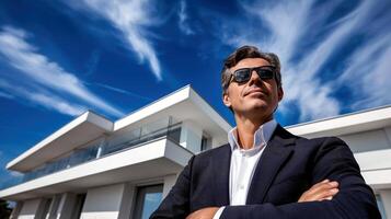 AI generated Find Your Perfect Home, confident Real Estate Agent Next to a Luxurious New Property, Generative AI photo