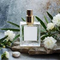 AI generated Luxury perfume bottle glass on a gray luxury background photo