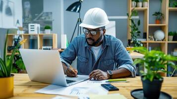 AI generated From Blueprint to Reality, Contractor Civil Engineer Works in the Office, Building the Future, Generative AI photo