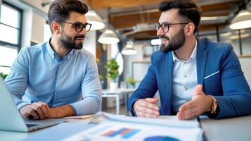 AI generated Breaking Down Data, Men Colleagues Discuss Marketing Analysis in the Workplace, Generative AI photo