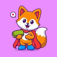 Cute Fox Super Hero Holding Money Cartoon Vector Icon Illustration. Animal Finance Icon Concept Isolated Premium Vector. Flat Cartoon Style