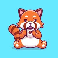 Cute Red Panda Drinking Coffee Cartoon Vector Icon Illustration. Animal Drink Icon Concept Isolated Premium Vector. Flat Cartoon Style