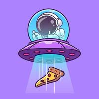Cute Astronaut Catching Pizza With Ufo Cartoon Vector Icon Illustration. Science Food Icon Concept Isolated Premium Vector. Flat Cartoon Style