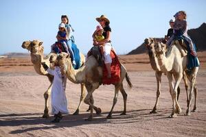 Sharm El Sheikh, Egypt - March 18, 2020 Tourists riding camels in the Egypt desert. photo