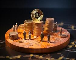 AI generated Miniature people worker working of bitcoins. Cryptocurrency mining concept photo