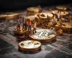 AI generated Miniature people worker working of bitcoins. Cryptocurrency mining concept photo