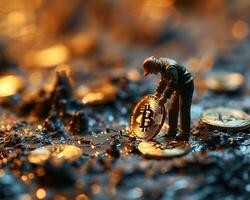 AI generated Miniature people worker working of bitcoins. Cryptocurrency mining concept photo