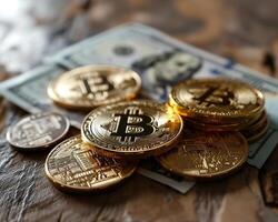 ai generado bitcoin oro monedas y antecedentes con borroso dólar. virtual criptomoneda concepto foto