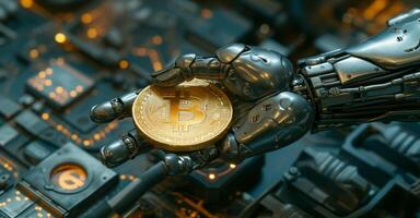 AI generated Cryptocurrency Digital Blockchain technology. Robot arm holding golden coin symbol of bitcoin photo
