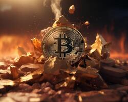 AI generated A broken or cracked Bitcoin. Concept of a cryptocurrency market crisis photo