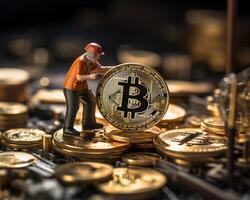 AI generated Miniature people worker working of bitcoins. Cryptocurrency mining concept photo