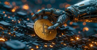 AI generated Cryptocurrency Digital Blockchain technology. Robot arm holding golden coin symbol of bitcoin photo