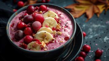 ai generado cuenco de brasileño congelado acai baya con tropical frutas foto