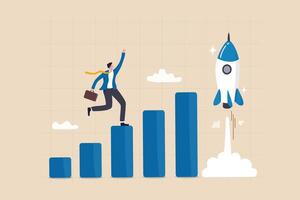 Boost rocket to business growing fast, investment growth, start or launch new business, innovation to boost success, rising up and improvement concept, businessman on growth chart launching rocket. vector