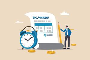 Bill payment, expense or financial service to pay for transaction, credit card payment or shopping cost concept, businessman with pencil and bill payment document and alarm clock. vector