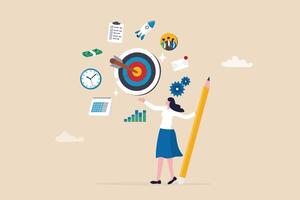 Project management or development plan, strategy or process to develop product, schedule or manage resource to achieve goal concept, businesswoman holding pencil with project management elements. vector