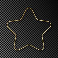 Gold glowing rounded star shape frame with shadow isolated on dark background. Shiny frame with glowing effects. Vector illustration.