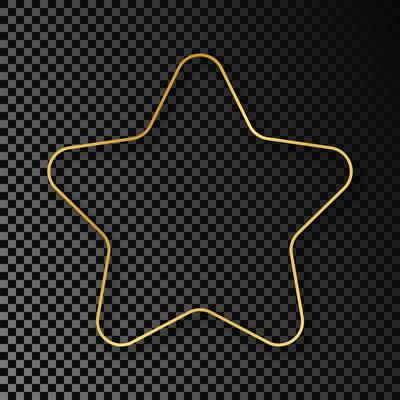 Gold glowing rounded star shape frame with shadow isolated on dark background. Shiny frame with glowing effects. Vector illustration.