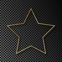 Gold glowing star shape frame with shadow isolated on dark background. Shiny frame with glowing effects. Vector illustration.