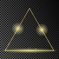 Gold glowing triangle frame isolated on dark background. Shiny frame with glowing effects. Vector illustration.