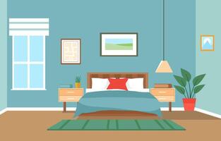 Flat Design of Bedroom with Bed Furniture Window in Simple House vector