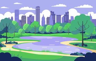 Vector Design of Pond with Trees in City Park with Cityscape Building in Purple Sky