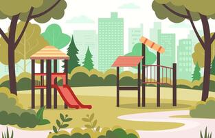 Flat Design Illustration of Slide in Playground with City Building in Bright Day vector